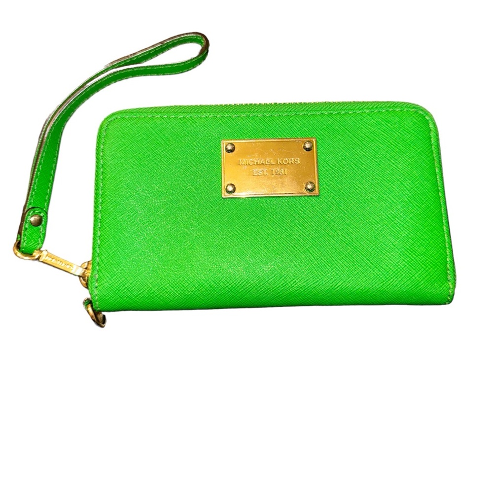 Michael Kors EUC Vintage Palm Green Saffiano Leather Wallet with Wrist Strap